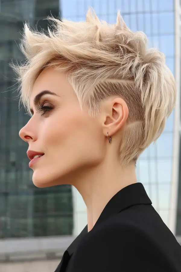 25 Trendy Wolf Haircut Ideas for Women: Chic Layers and Textures to Rock This Season 5 Platinum Pixie Wolf Cut with Etched Undercut Detail