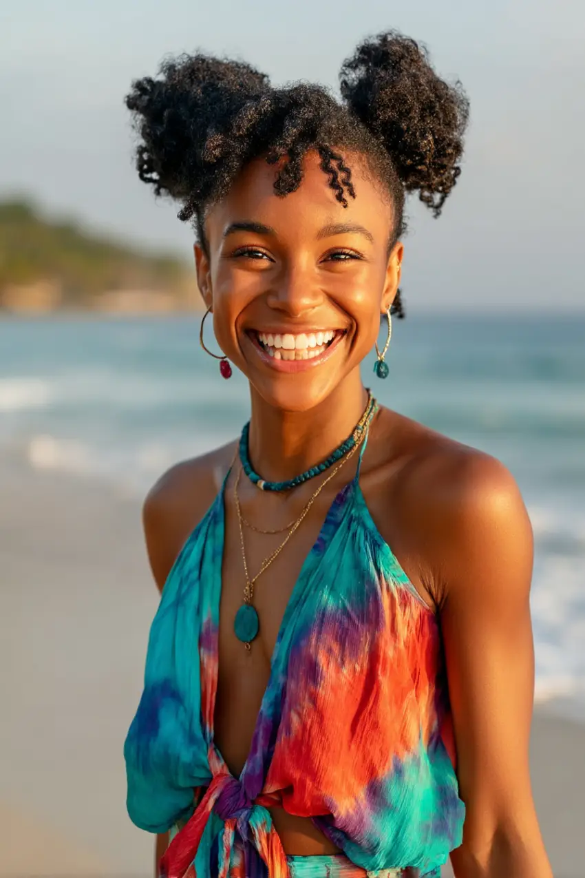25 Best Beach Hairstyles For Summer: Fresh Hair Inspo for Sandy Adventures 3 Playful Afro Puffs with Face-Framing Curls