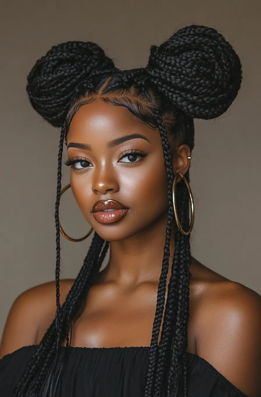 Playful Knotless Braids with Double Buns and Face-Framing Strands