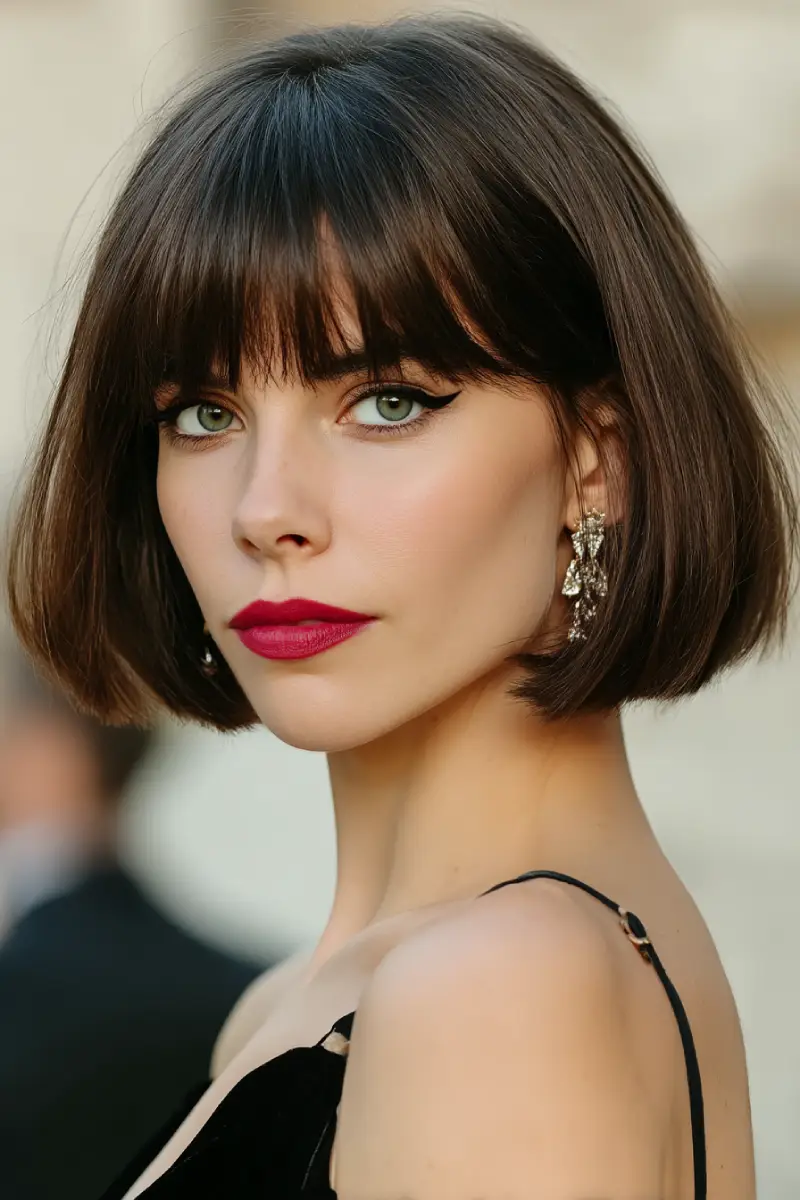 21 Trendy Medium Length Layered Hairstyles: Modern Styles for a Fresh Update 6 Polished Bob with Full Blunt Bangs