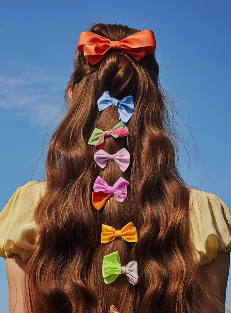 Rainbow Bow Cascade on Wavy Brunette Hair