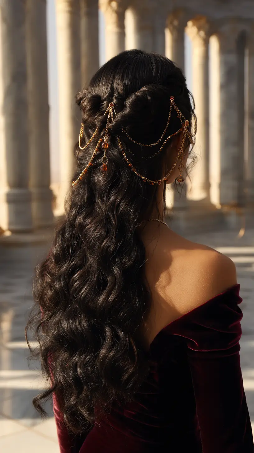 Regal Half-Up Curls with Gold Chain Drapes