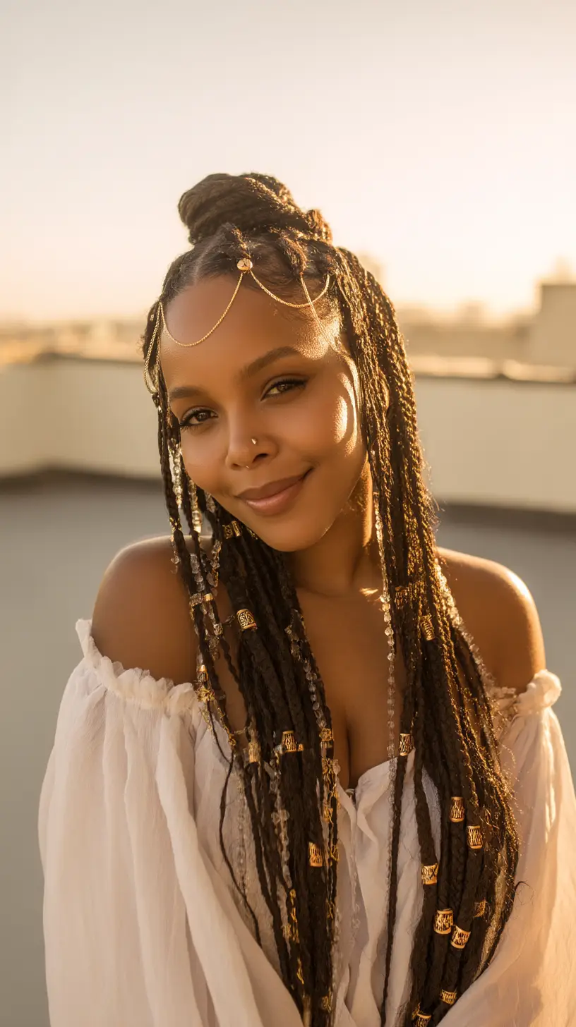 Regal Knotless Braids with Gold Beads and Crystal Accents