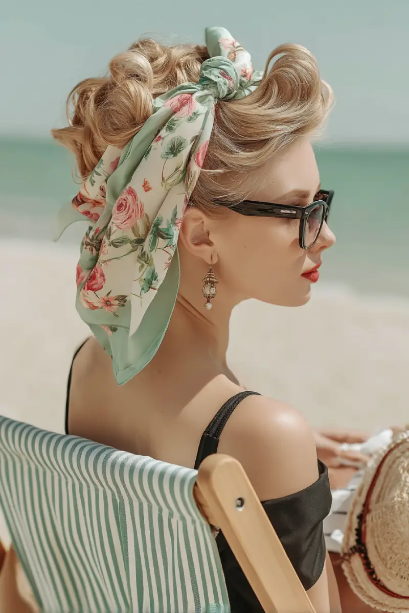25 Best Beach Hairstyles For Summer: Fresh Hair Inspo for Sandy Adventures 12 Retro Beach Updo with Floral Silk Scarf