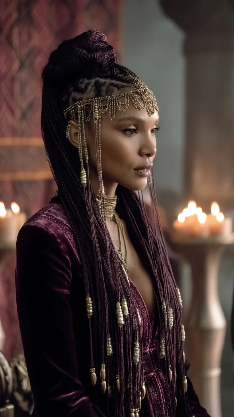 Royal Plum Knotless Braids with Tribal Beads and Gold Headpiece