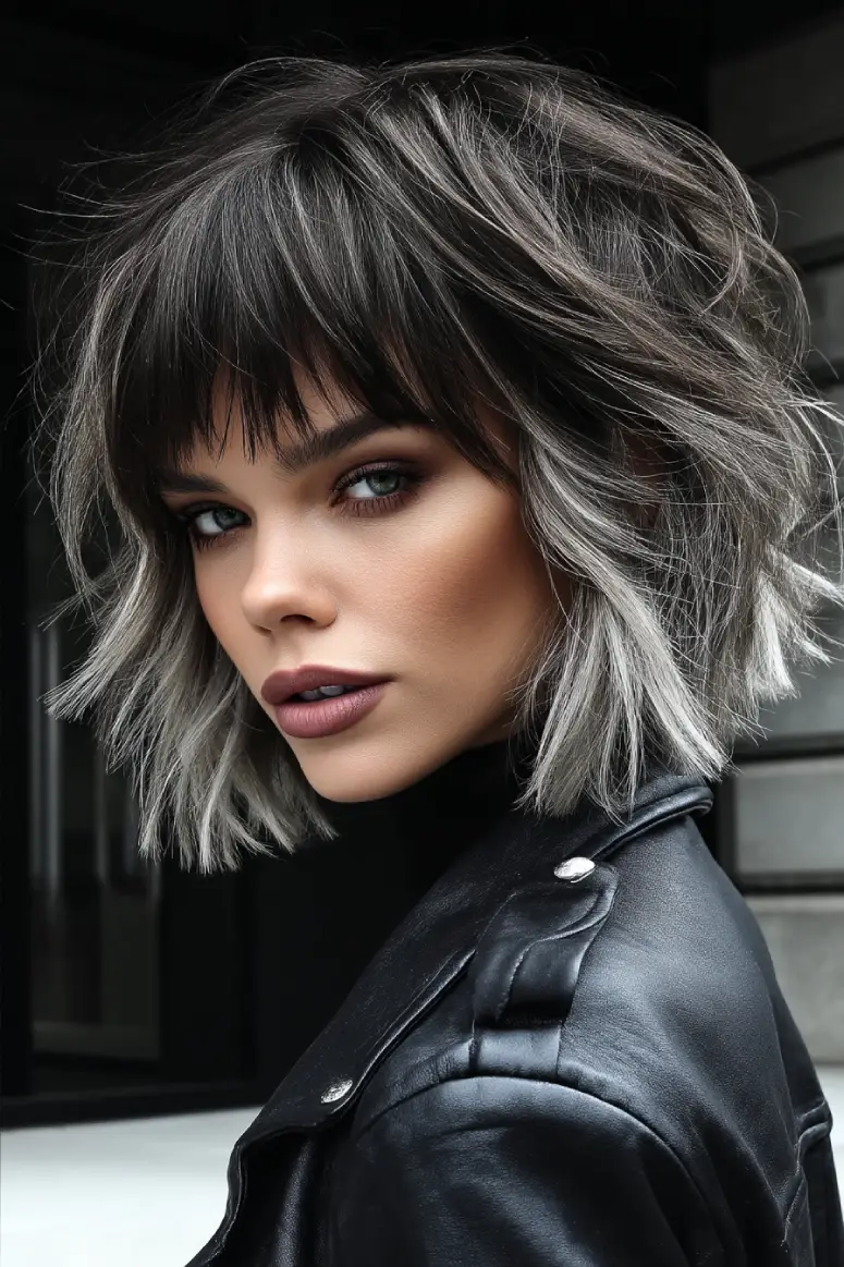 25 Trendy Wolf Haircut Ideas for Women: Chic Layers and Textures to Rock This Season 16 Shaggy Wolf Cut with Smoky Silver Highlights and Full Fringe