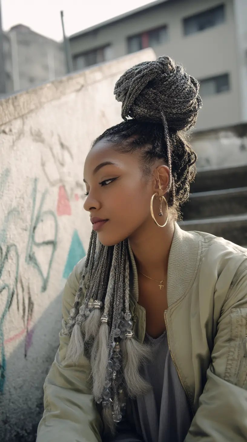 Silver Frost Knotless Braids with Crystal Beads and Fluffy Ends