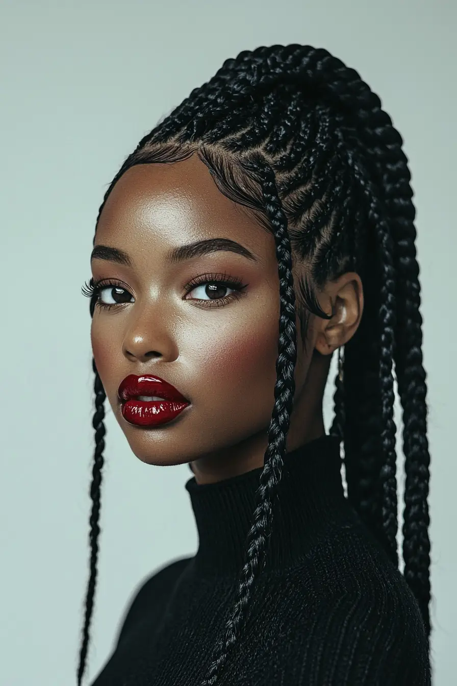 Sleek High Pony Knotless Braids with Defined Edges