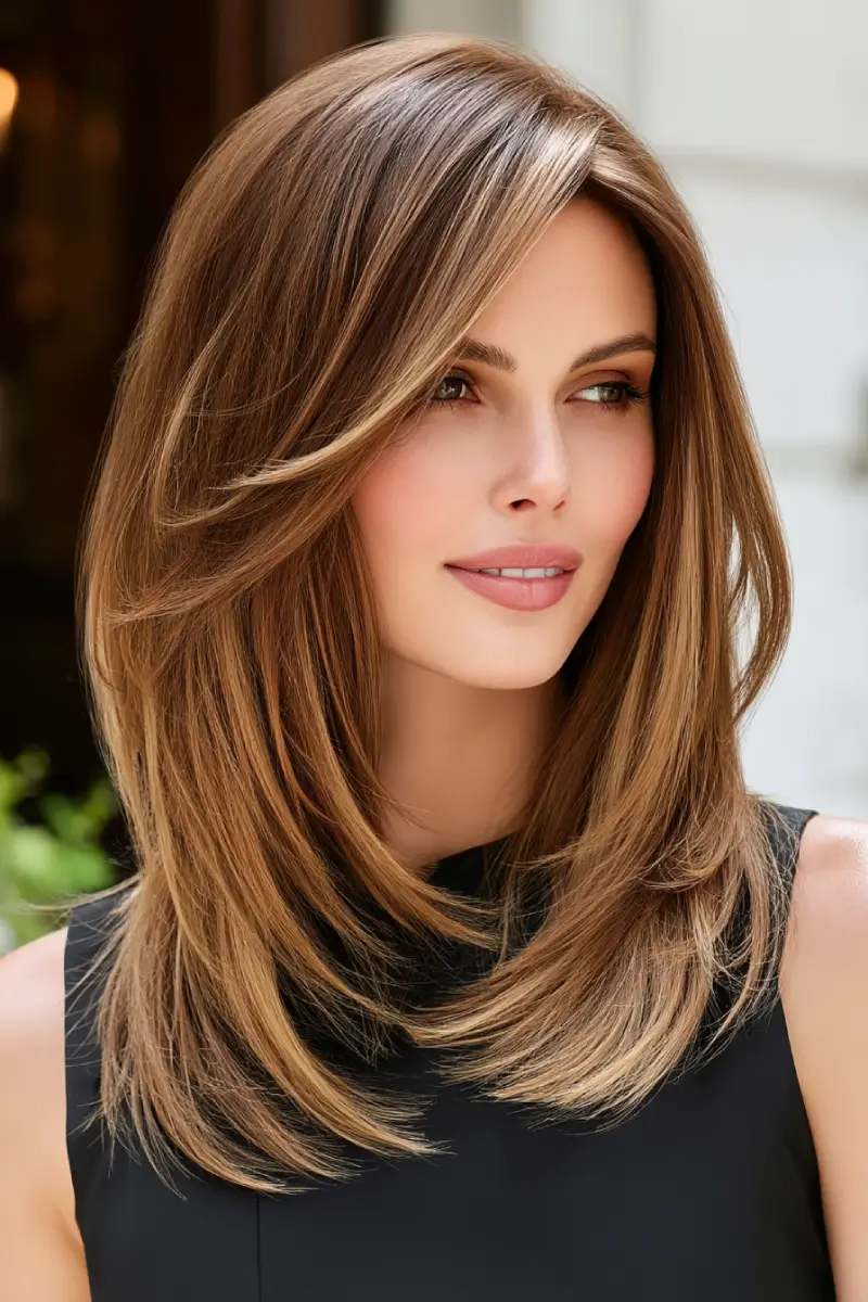 21 Trendy Medium Length Layered Hairstyles: Modern Styles for a Fresh Update 5 Sleek Layered Cut with Soft Face-Framing Pieces