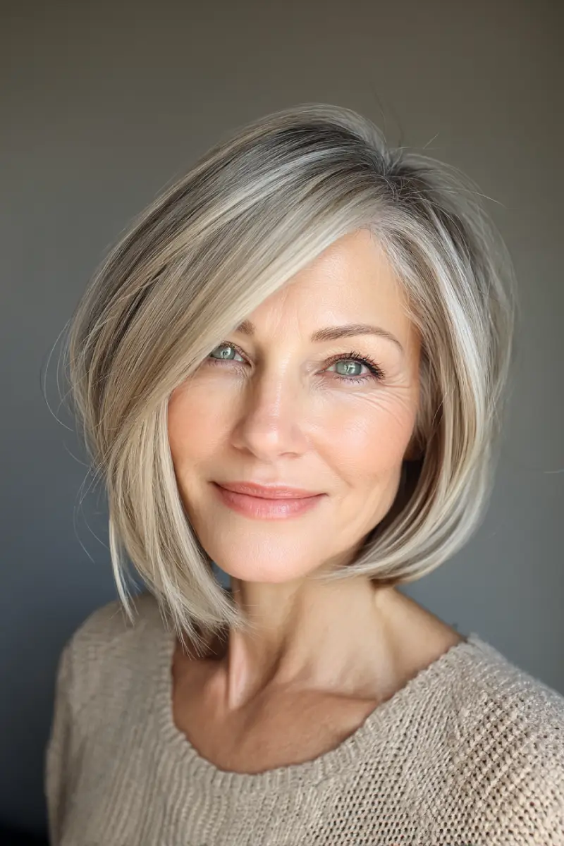 21 Trendy Medium Length Layered Hairstyles: Modern Styles for a Fresh Update 10 Soft Angled Bob with Silvery Highlights