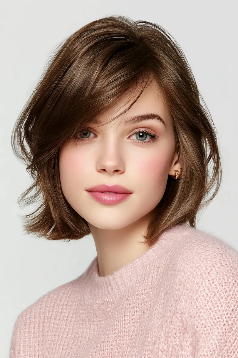 21 Trendy Medium Length Layered Hairstyles: Modern Styles for a Fresh Update 2 Soft Tousled Layers with Side-Swept Bangs