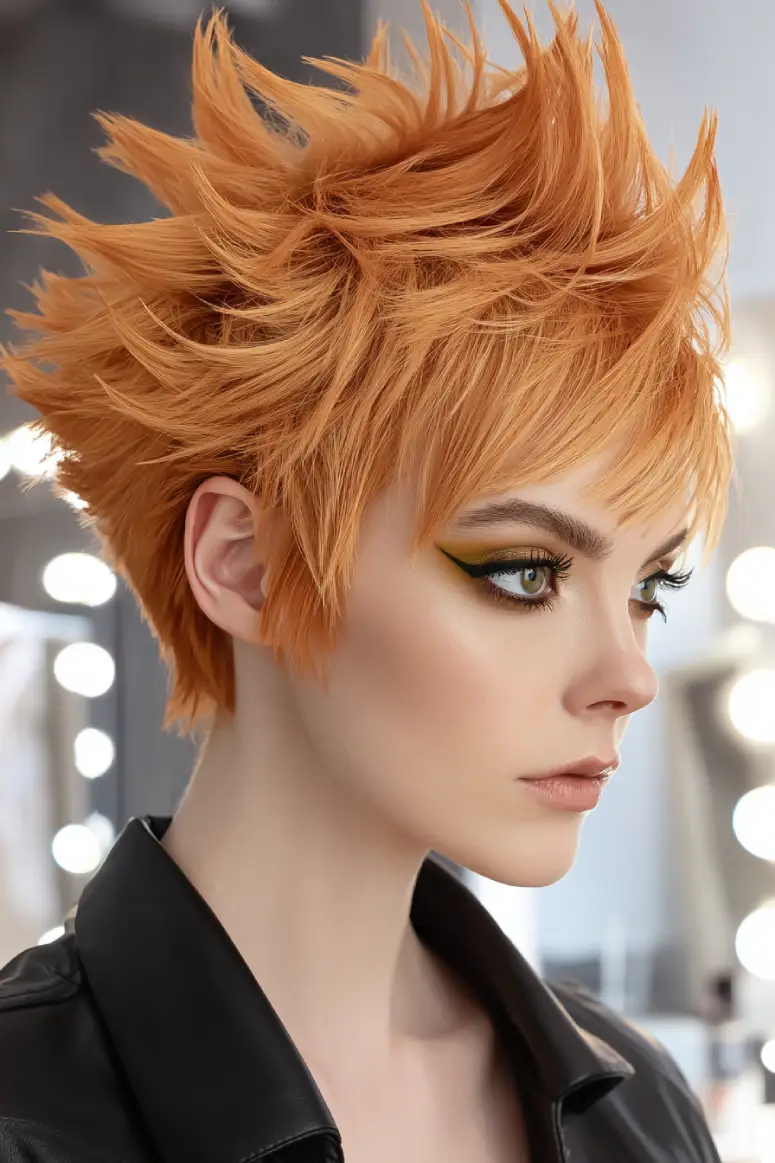 25 Trendy Wolf Haircut Ideas for Women: Chic Layers and Textures to Rock This Season 19 Spiky Textured Pixie Wolf Cut in Vibrant Copper Orange
