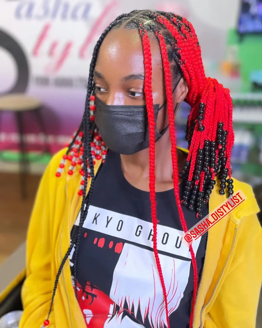 Split-Tone Knotless Braids with Beads – Red & Black Edition