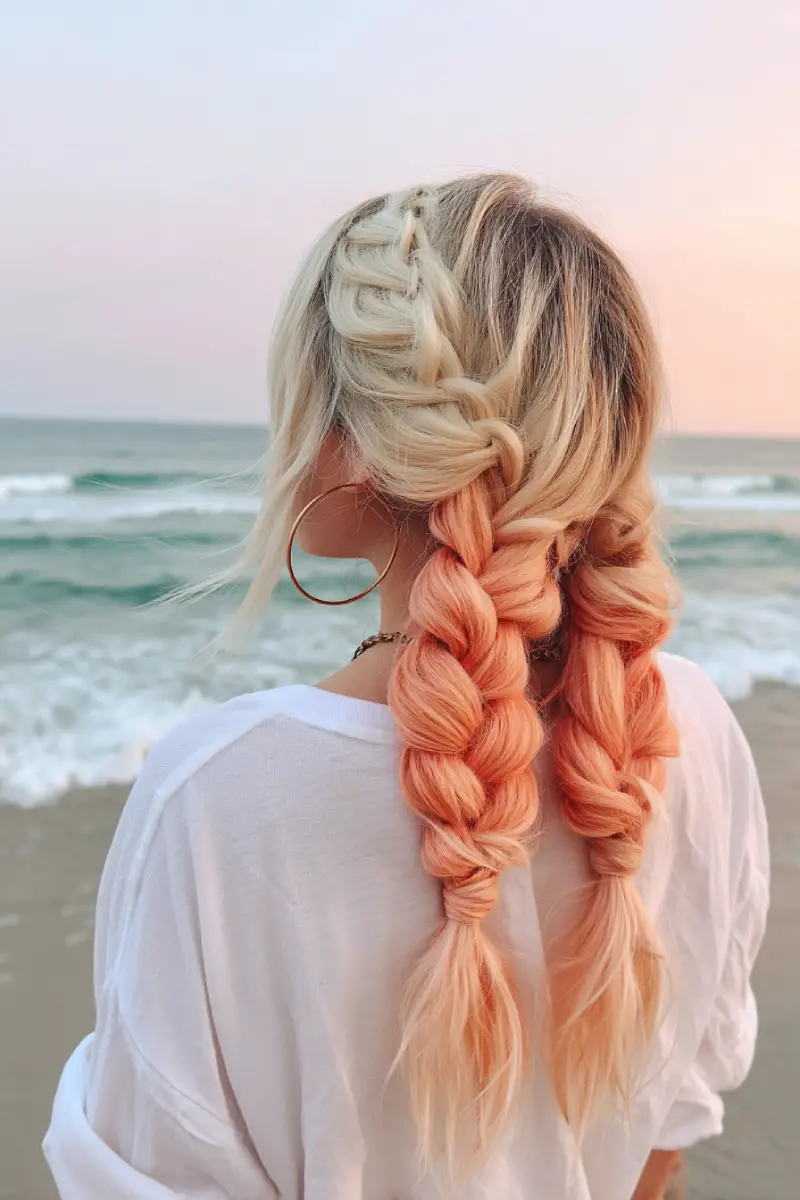 25 Best Beach Hairstyles For Summer: Fresh Hair Inspo for Sandy Adventures 19 Sunset Ombre Braided Pigtails