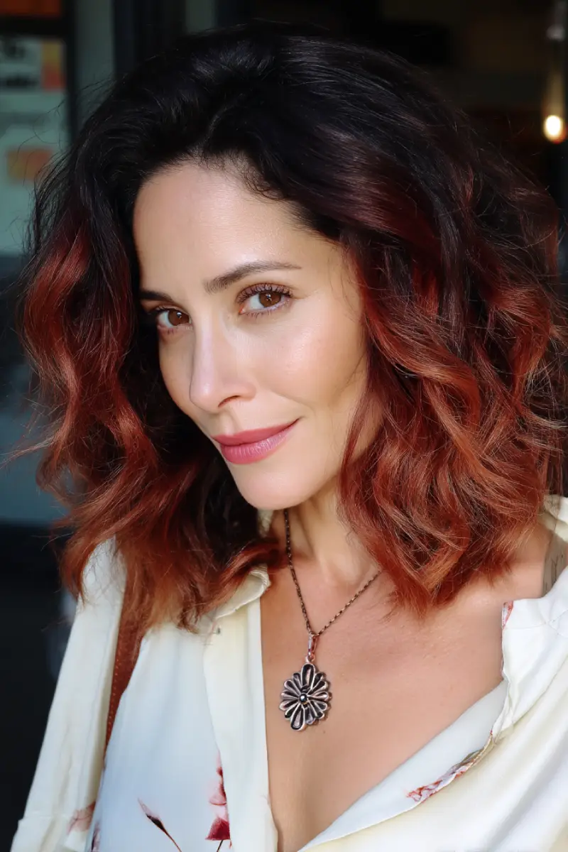 21 Trendy Medium Length Layered Hairstyles: Modern Styles for a Fresh Update 7 Textured Shoulder-Length Layers with Fiery Ombre