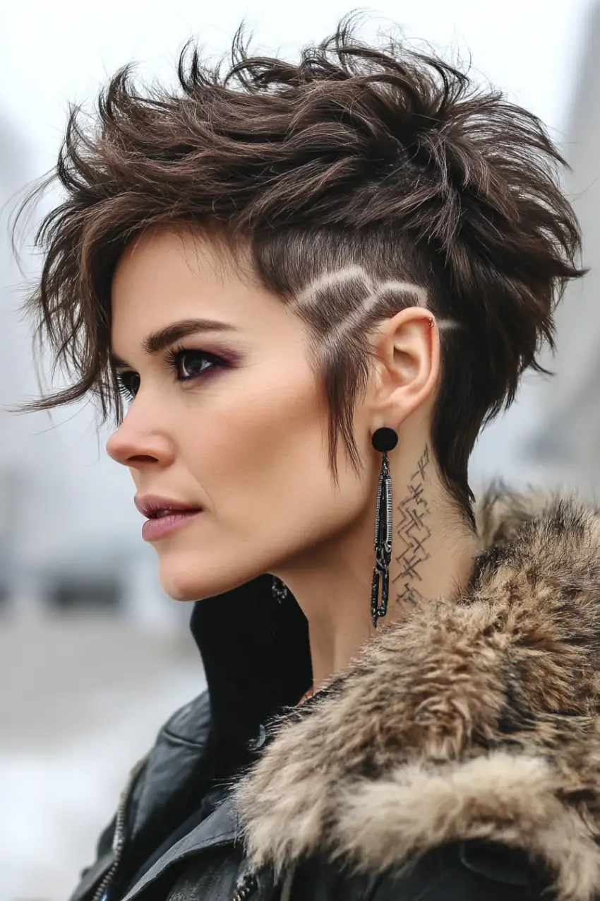 25 Trendy Wolf Haircut Ideas for Women: Chic Layers and Textures to Rock This Season 15 Textured Wolf Cut with Shaved Side and Razor Line Art