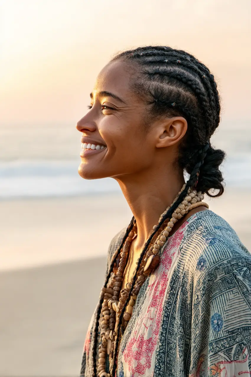 25 Best Beach Hairstyles For Summer: Fresh Hair Inspo for Sandy Adventures 6 Tight Cornrow Braids with Low Braided Bun