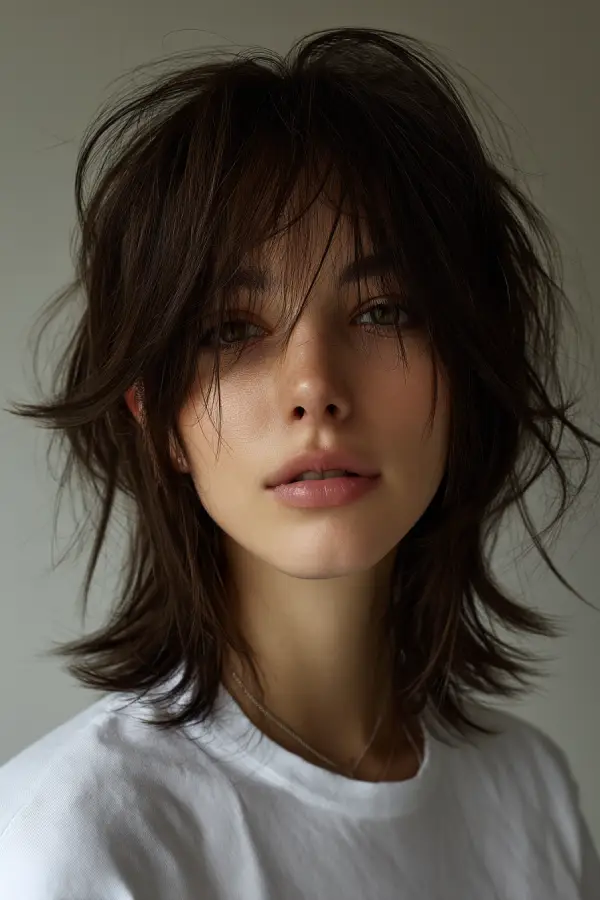 25 Trendy Wolf Haircut Ideas for Women: Chic Layers and Textures to Rock This Season 7 Tousled Wolf Cut with Wispy Bangs and Dark Chocolate Tones