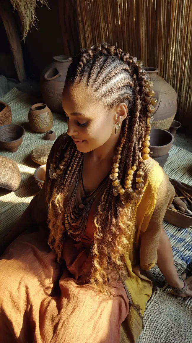 Tribal-Inspired Knotless Braids with Amber Beads and Loose Ends