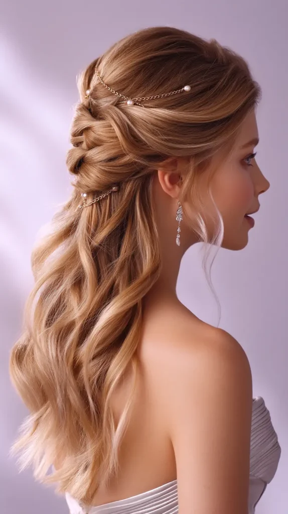 15 Glamorous Prom Hairstyles for Medium Length Hair: No Salon Required 4 Goddess Chain Half-Updo