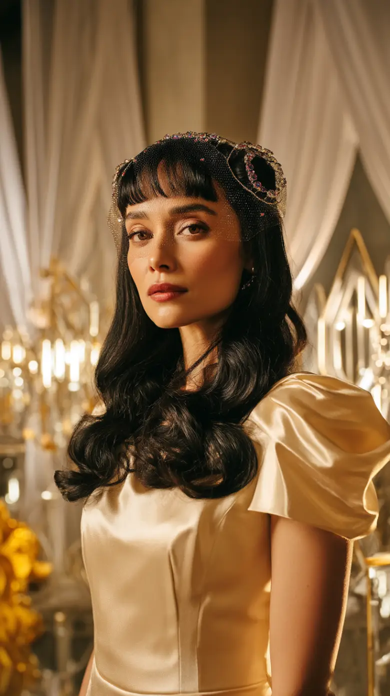 Vintage Glam Waves with Beaded Veil and Soft Bangs