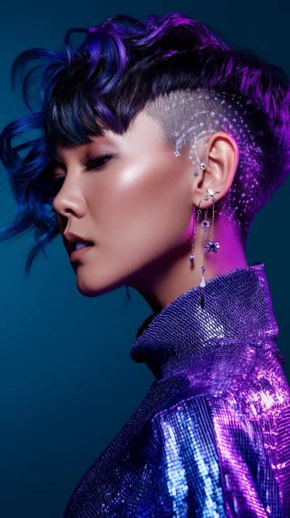 15 Edgy Shaved Side Hairstyles: Stand Out From The Crowd 10 Violet Galaxy Asymmetrical Buzzcut