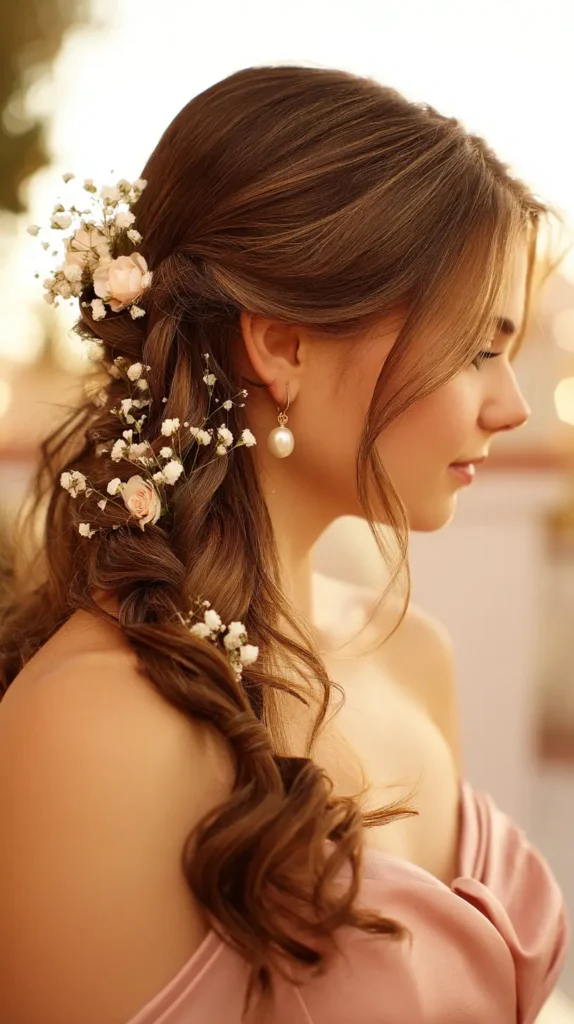 15 Glamorous Prom Hairstyles for Medium Length Hair: No Salon Required 3 Waterfall Braid with Floral Cascade
