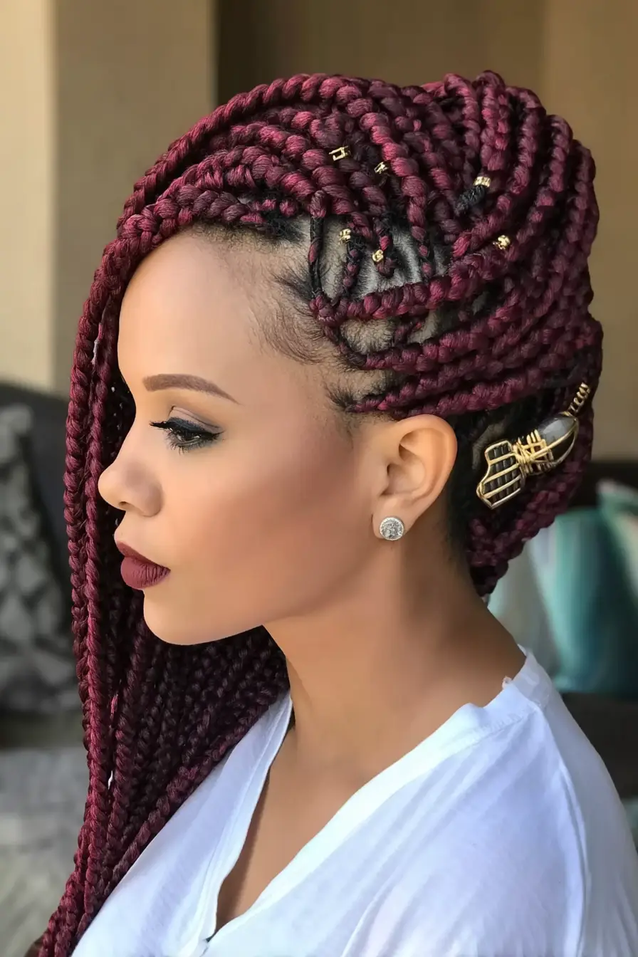19 Stunning 4c Braided Hairstyles: Bold Looks That Celebrate Natural Texture 2 #1. Burgundy Swirl Braids with Gold Cuffs
