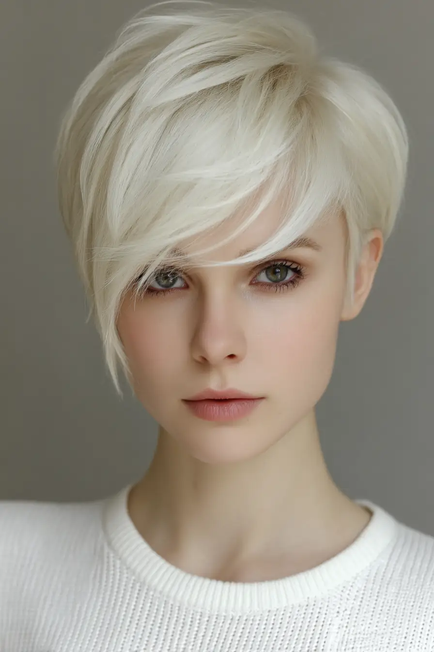 22 Bold Platinum Blonde Bob Hairstyles: Fresh and Fierce Ideas for a Standout Look 2 #1. Feathered Pixie Bob in Icy Platinum