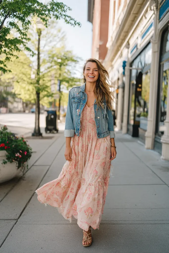#1. Floral Maxi Dress with Distressed Denim Jacket