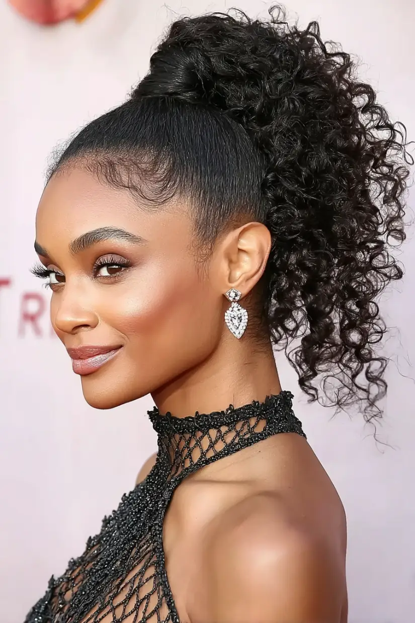 #1. High Ponytail with Defined Curls and Sleek Edges