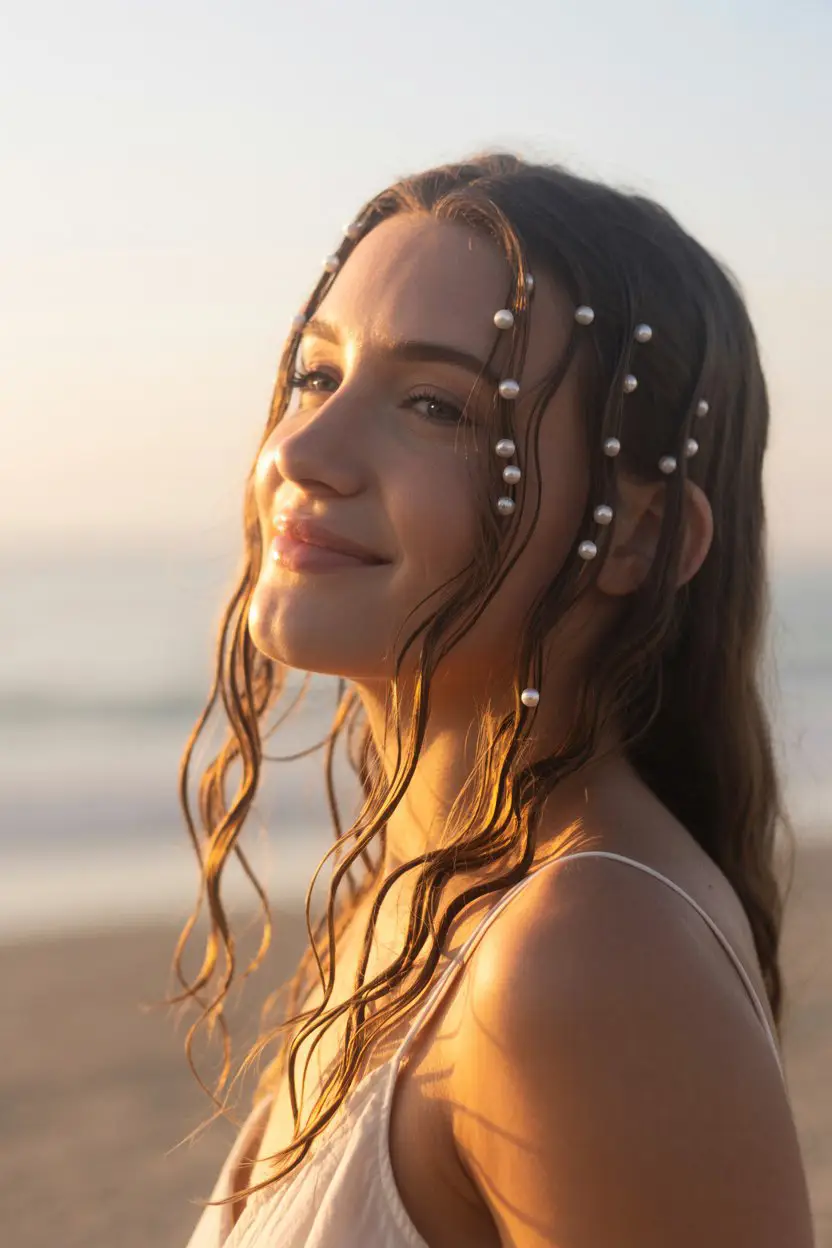 16 Graceful Wedding Hairstyles For Long Hairs: Picture-Ready Styles for Long Locks 2 #1. Loose Beach Waves with Pearl Accents