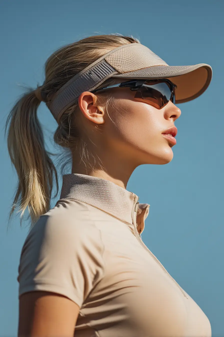 30 Sleek Golf Hairstyles: Polished and Practical Styles for Game Day Glam 2 #1. Low Ponytail with Sport Visor and Sleek Layers