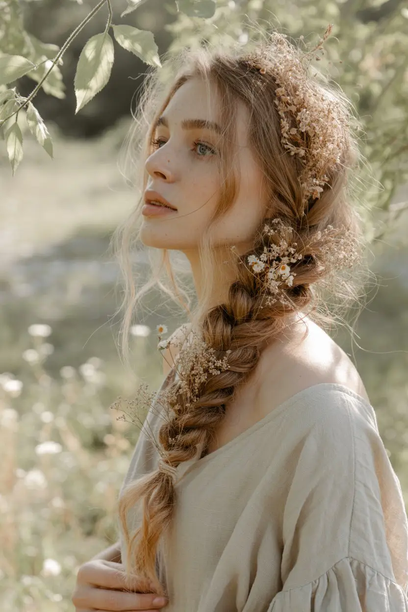 #1. Messy Fishtail Braid with Floral Accents