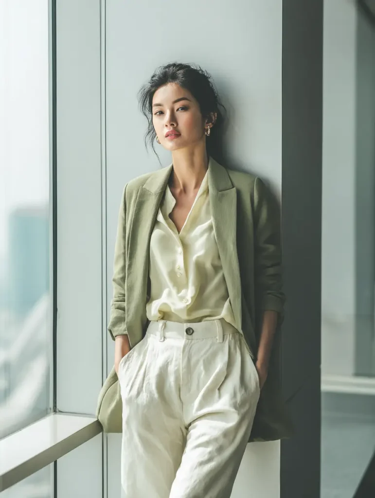 #1. Olive Oversized Blazer with Silk Blouse and Linen Trousers