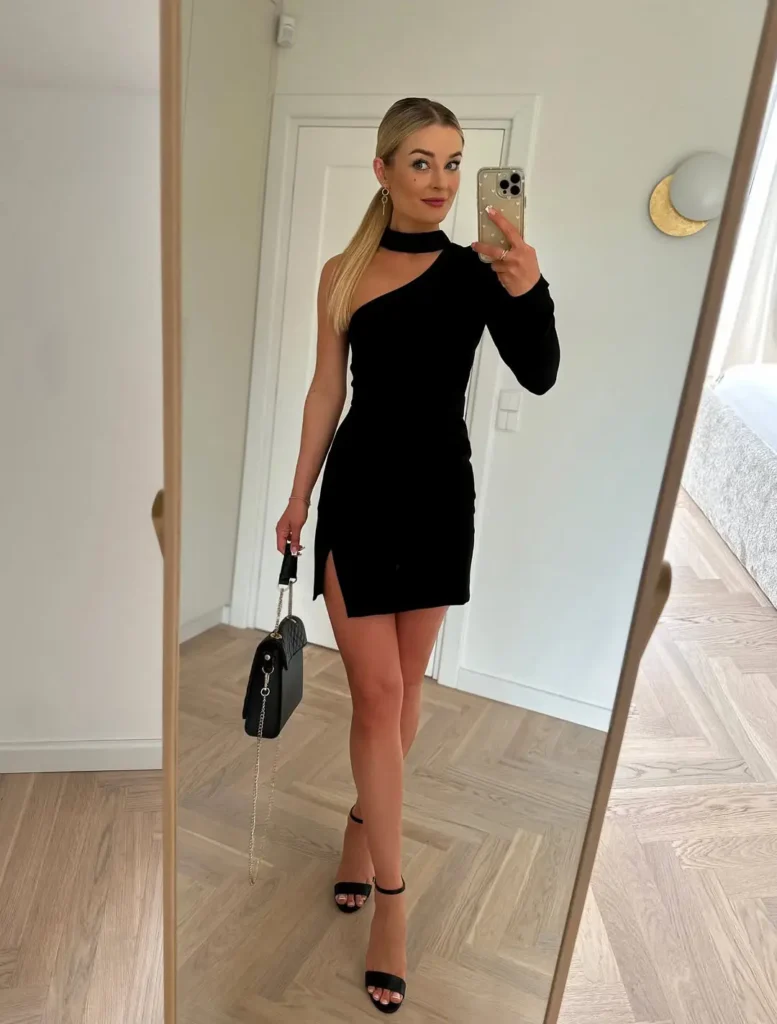 #1. One-Shoulder Black Mini with Sleek Gold Accents