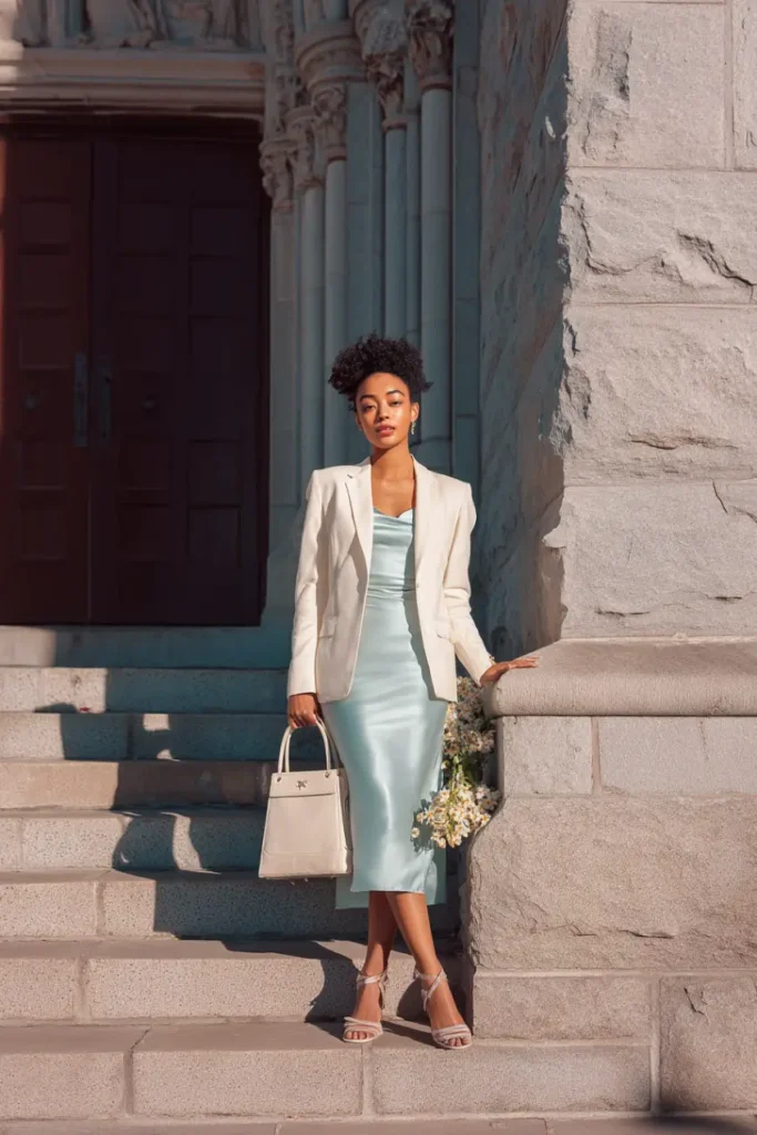 20 Graceful Church Outfit Ideas: Chic and Respectful Styles to Inspire 2 #1. Satin Slip Dress with Cream Blazer – Refined Grace on Sacred Ground
