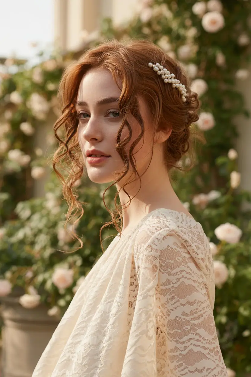 #1. Soft Romantic Curls with a Pearl-Adorned Half-Up Crown