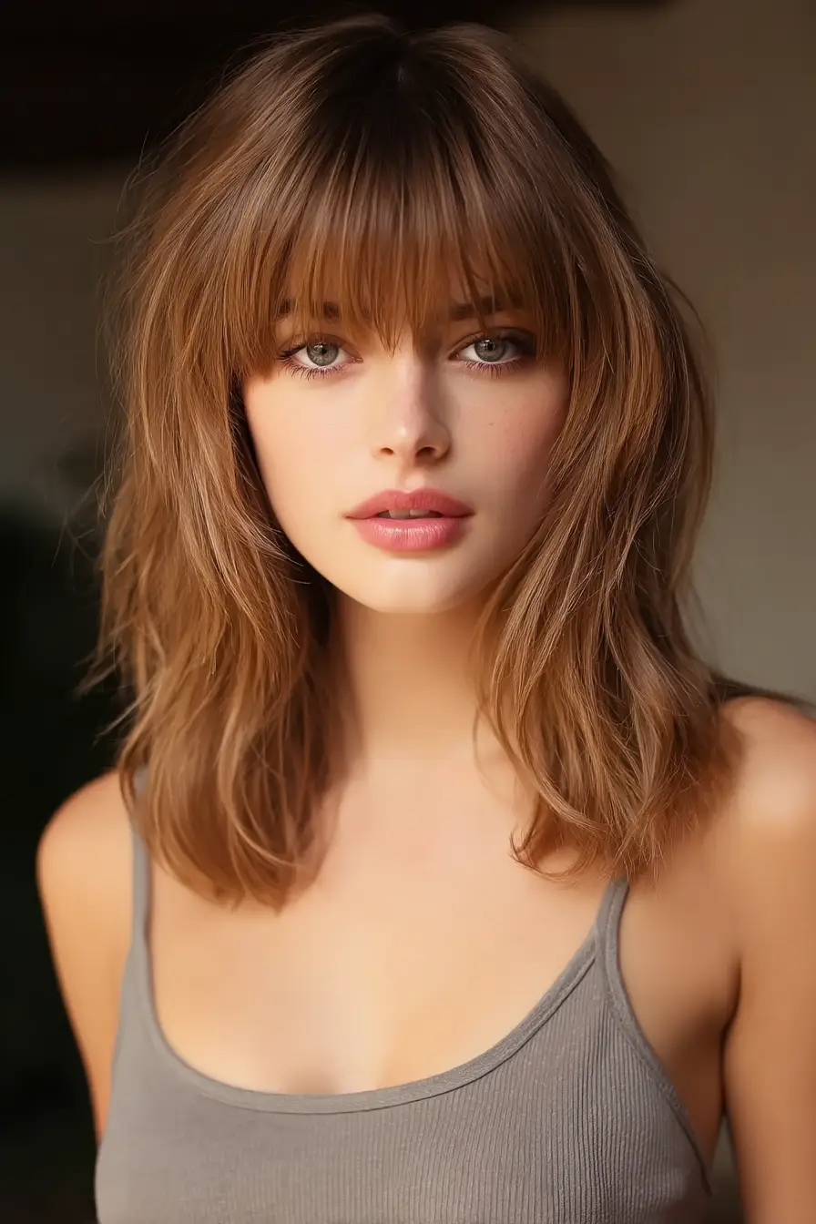 #1. Soft Tousled Layers with Full Wispy Bangs