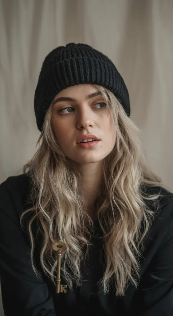 20 Chic Beanie Hairstyles: Fashionable Pairings for Cold-Weather Days 2 #1. Tousled Waves with Classic Black Beanie