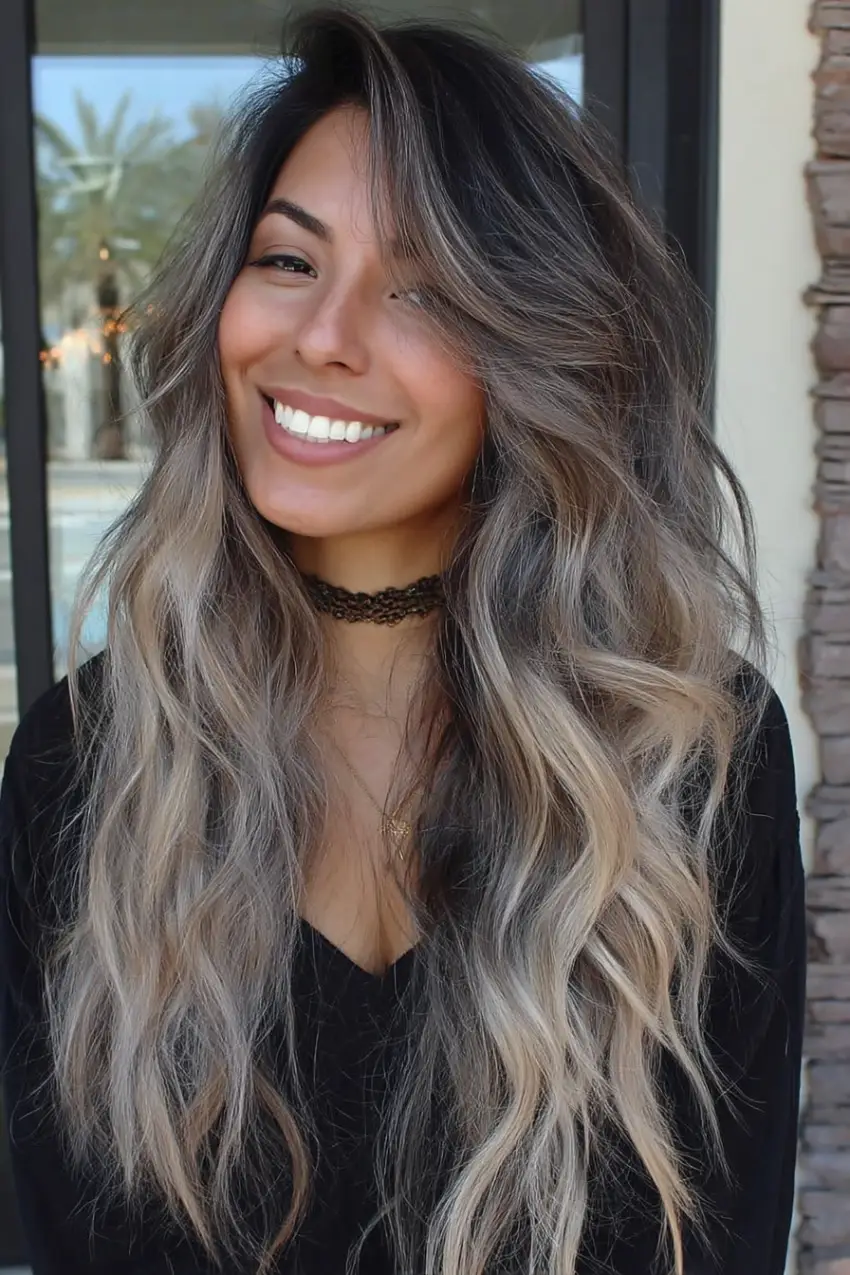 24 Striking Brown Hair with Silver Highlights Ideas: Sophisticated Looks to Refresh Your Style 2 #1. Wavy Chestnut Layers with Silver Ash Highlights