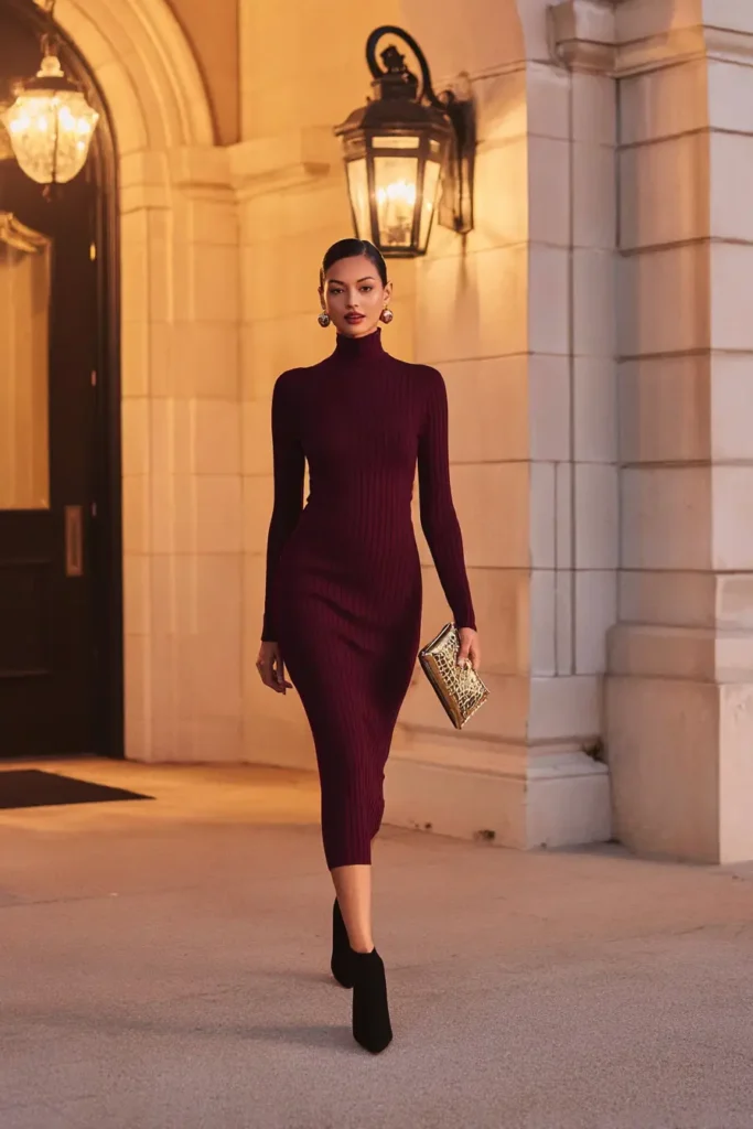 #1. Wine Ribbed Turtleneck Midi with Gold Clutch