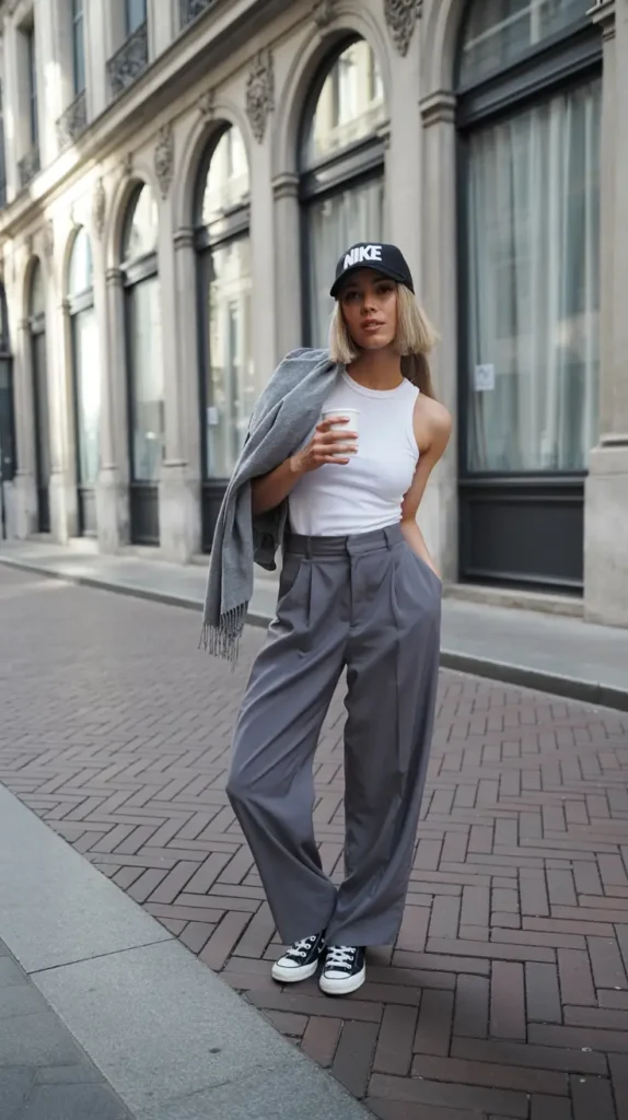 #10. Athleisure Tank with Charcoal Wide-Leg Trousers and Baseball Cap