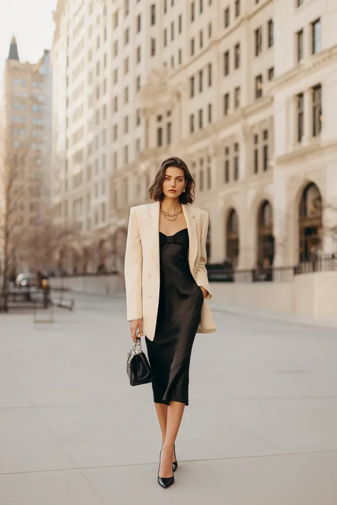 #10. Black Satin Midi Dress with Cream Blazer and Classic Heels