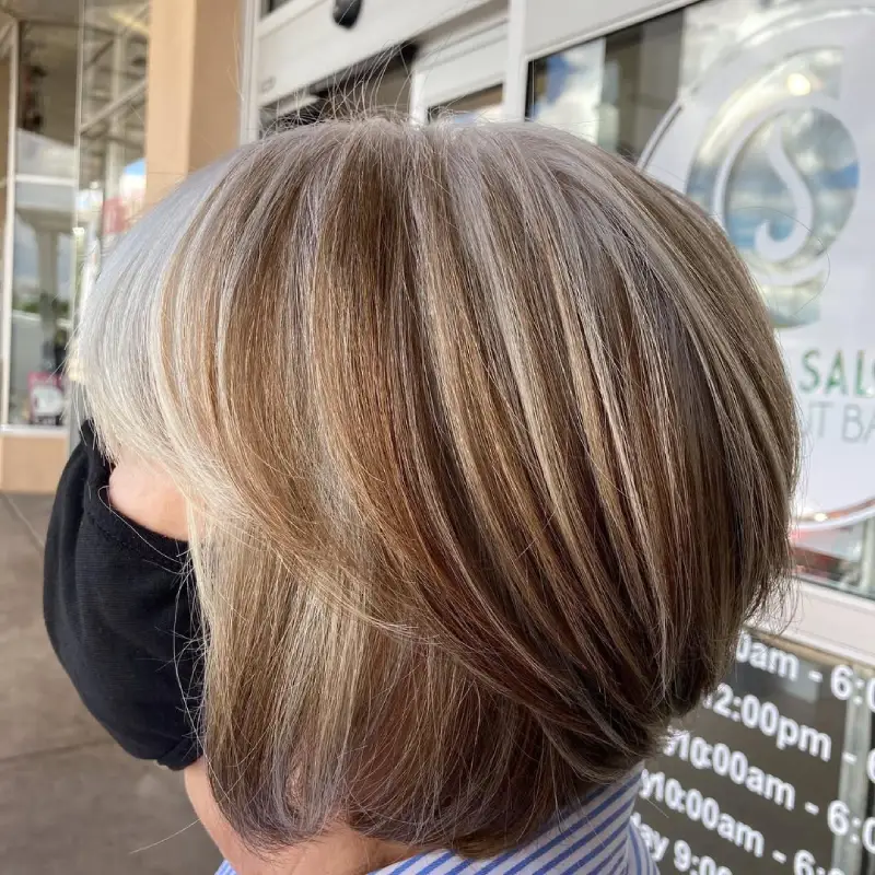24 Striking Brown Hair with Silver Highlights Ideas: Sophisticated Looks to Refresh Your Style 11 #10. Blended Honey Brown Bob with Silver Transition Highlights