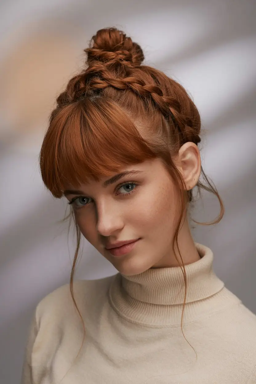 #10. Braided Top Knot with Wispy Bangs