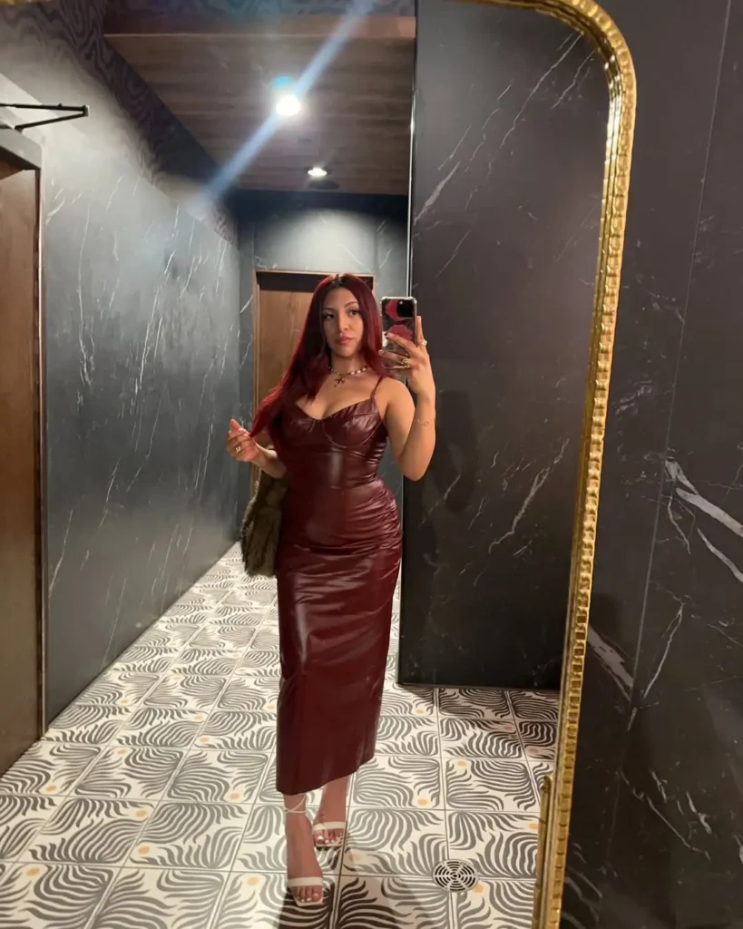 #10. Burgundy Faux Leather Bodycon Dress with Strappy Heels