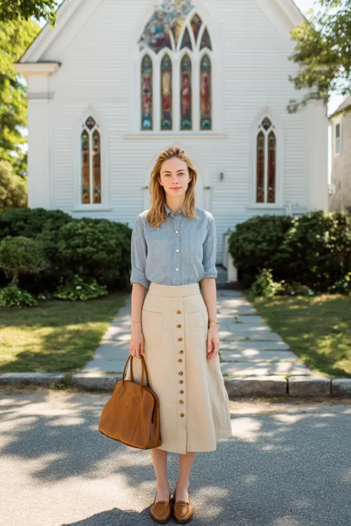 20 Graceful Church Outfit Ideas: Chic and Respectful Styles to Inspire 11 #10. Button-Front Midi and Striped Oxford – Quiet Sunday Style with New England Ease