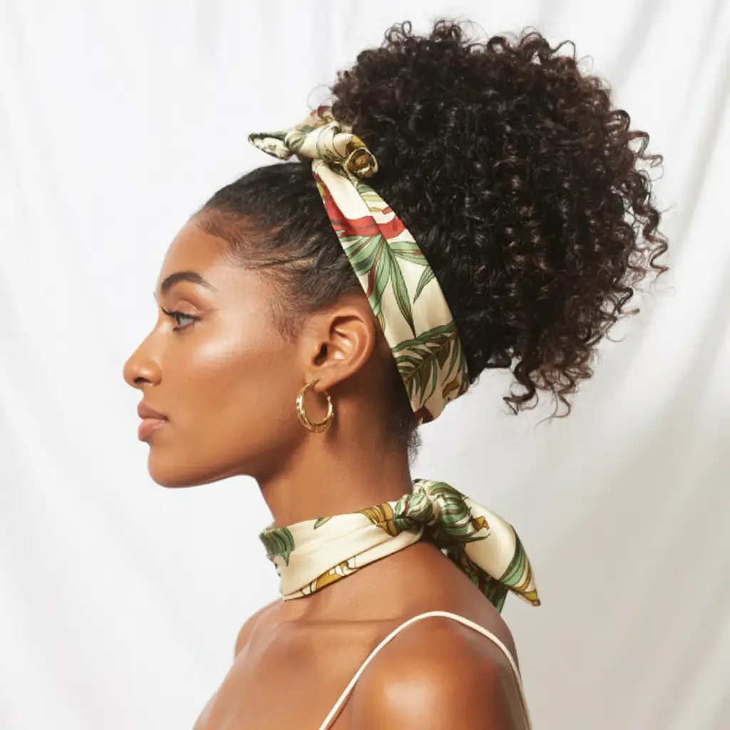 #10. Curly Puff with Tropical Silk Scarf Wrap