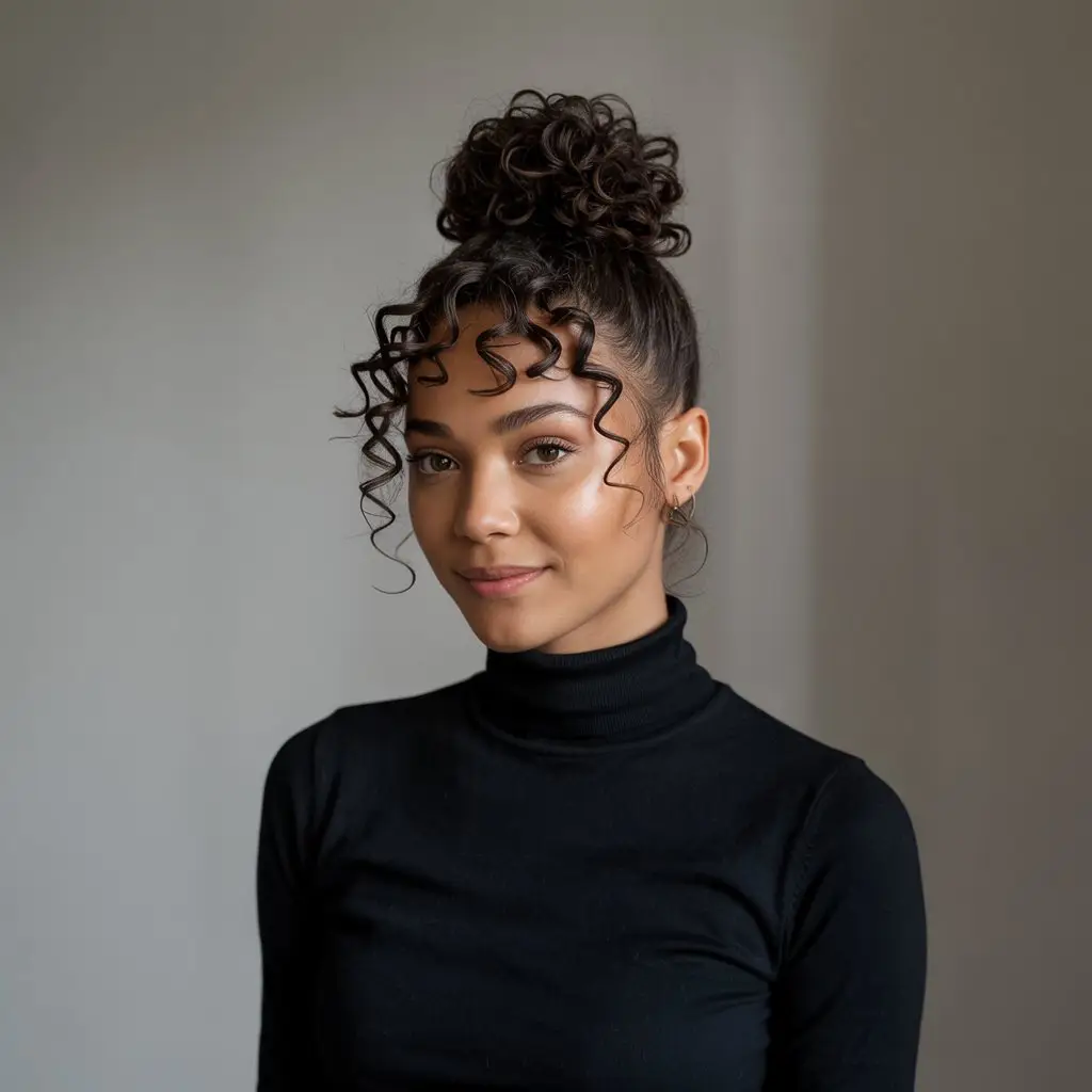 17 Sporty Curly Lacrosse Hairstyles: Game-Ready Looks with Flair 11 #10. Curly Top Knot with Wispy Edges